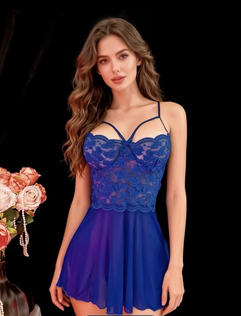 Women’s Lingerie Lace Cami Dress, Tie Up Back Royal Blue Size Small￼